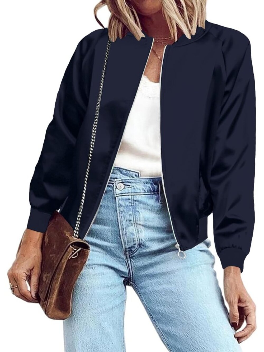 Women's  Pure Navy Bomber Jacket Lightweight Zip Up Windbreaker with Pockets